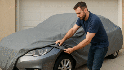 Um homem segura um sedã cinza estacionado em frente a uma garagem residencial, iluminada pela luz do fim de tarde, com árvores e casas ao fundo.