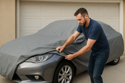 Um homem segura um sedã cinza estacionado em frente a uma garagem residencial, iluminada pela luz do fim de tarde, com árvores e casas ao fundo.