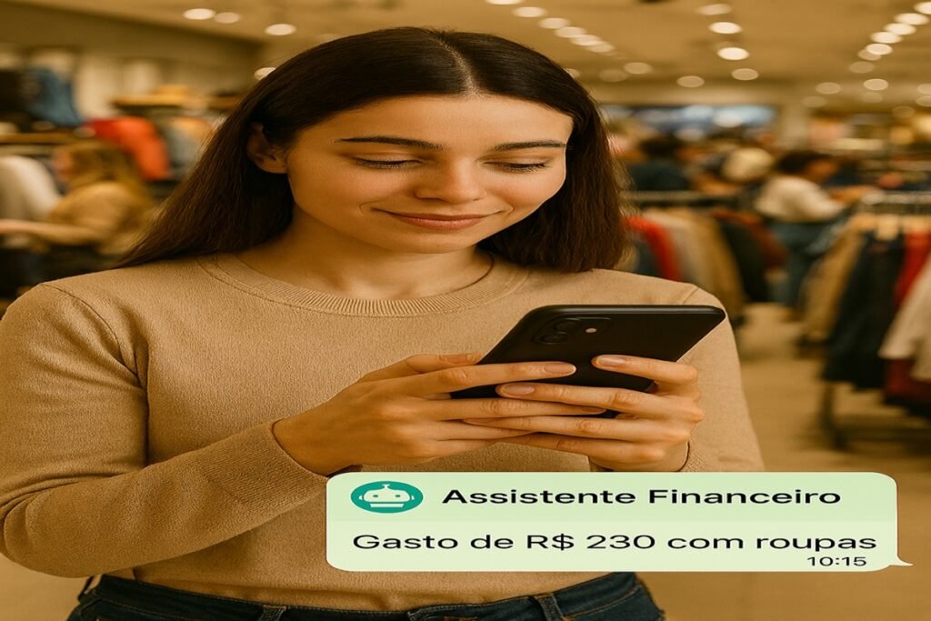 Cliente em loja de roupas visualiza notificação de gasto no app de assistente financeiro