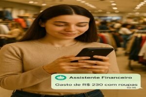 Cliente em loja de roupas visualiza notificação de gasto no app de assistente financeiro
