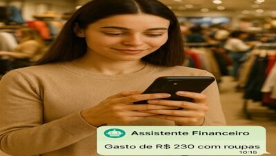 Cliente em loja de roupas visualiza notificação de gasto no app de assistente financeiro
