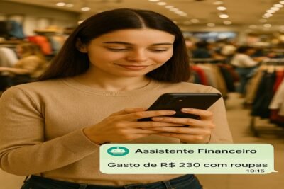 Cliente em loja de roupas visualiza notificação de gasto no app de assistente financeiro