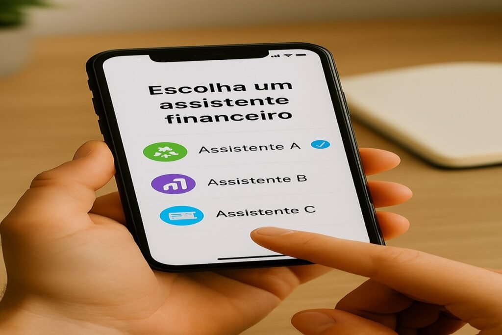 Pessoa interagindo com smartphone exibindo opções de assistente financeiro em português
